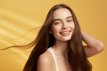 portrait of a happy young woman of model appearance on a bright sunny background. Healthy white teeth and luxuriously groomed hair