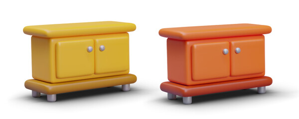 Set of bedside tables of different colors. Bedroom furniture. Bedside table with empty table top. Wooden furniture for storing linen. 3D illustration with shadows