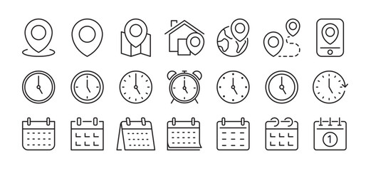 Time, date and address concept editable stroke outline icons set isolated on white background flat vector illustration. Pixel perfect. 64 x 64. - obrazy, fototapety, plakaty