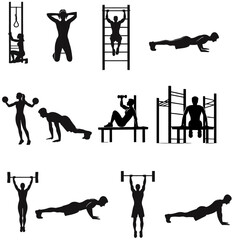 set of calisthenics players silhouettes ,set of fitness silhouettes ,set of gym silhouettes	