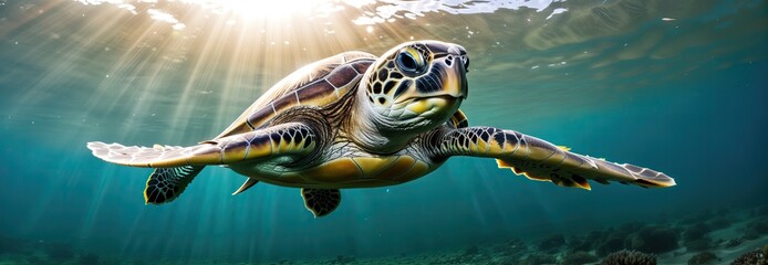 sea turtle swims underwater under the rays of the sun