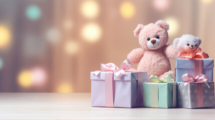 Present boxes holiday background with copy space. Children Birthday party.