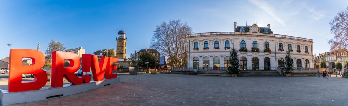 Panoramic view of the square with the municipal theater and the tourist office of Brive la Gaillarde, in Corr&egrave;ze, New Aquitaine, France