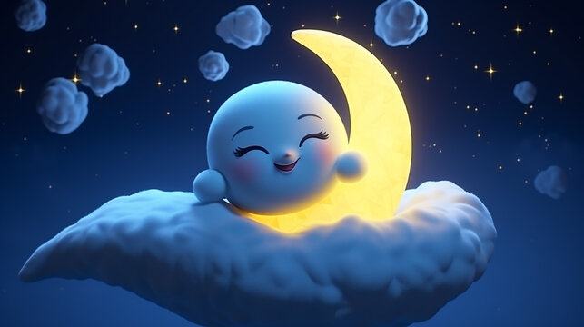 Cute smiling moon at night. Concept of sweet lullaby theme with cloud