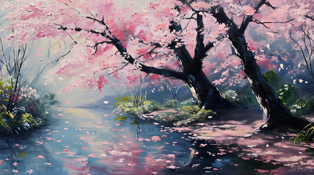 Cherry Blossom oil painting in spring next to calm river - 3d wallpaper - Generative Ai