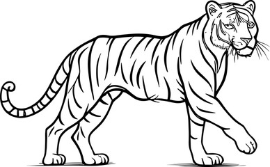 black and white outline illustration of the walking tiger. AI generated illustration.