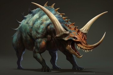 Large herbivorous dinosaur with a skull sporting massive horns and a long frill. Generative AI - obrazy, fototapety, plakaty