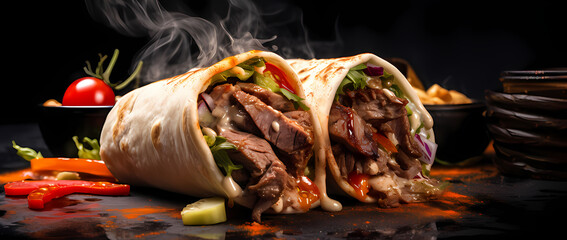 Meaty Greek Turkish wraps on a wooden table for take out