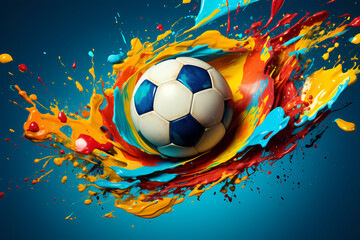 A soccer ball at the center of a vibrant explosion of color and light
