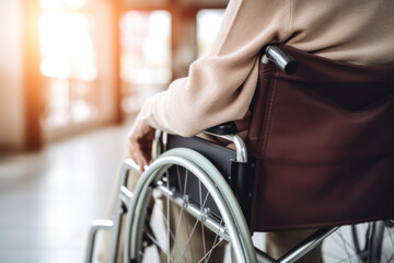 Close-up of a senior person navigating with a wheelchair. - obrazy, fototapety, plakaty