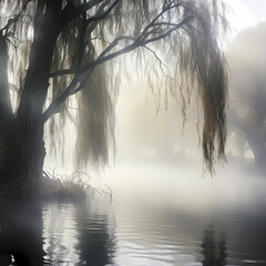 Tranquil lake surrounded by ancient willow trees and mystical fog.
