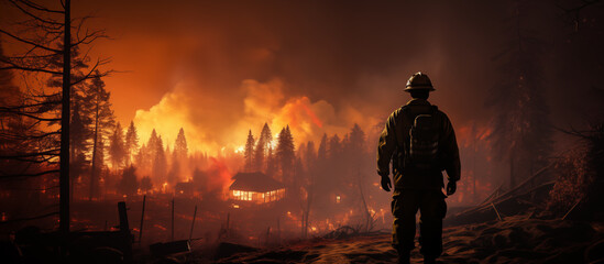 Firefighter on the background of a forest fire