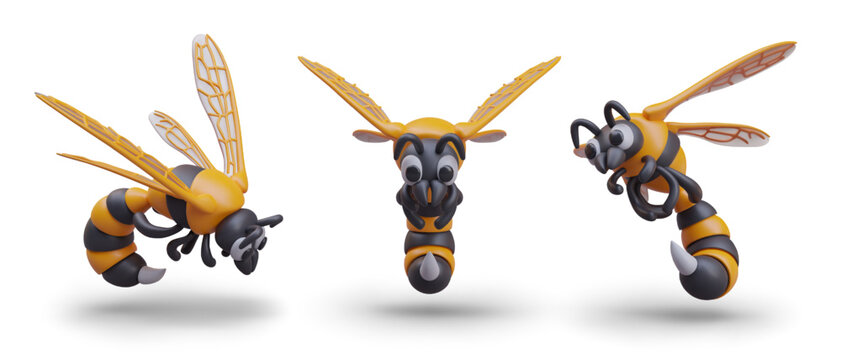 Collection with wasp in black and yellow colors in different positions. Cartoon bug design concept. Dangerous wasp insect. Vector illustration in 3d style