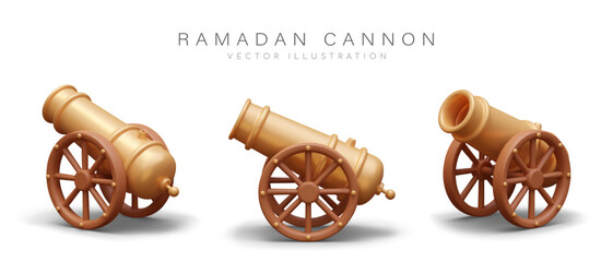 Realistic golden Ramadan weapon in different positions. Religious cannon on white background. Celebrating Ramadan concept. Vector illustration in 3d style