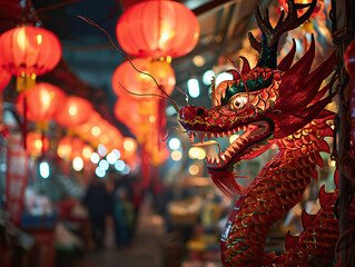 china street with dragon during chinese new year celebration, Generative AI