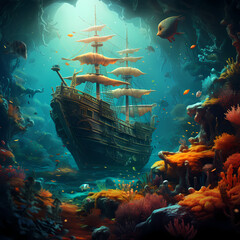 Underwater scene with vibrant marine life and an ancient shipwreck