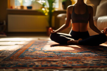 Blurred out woman doing her morning yoga meditation in a peaceful home environment. Shallow field of view.

