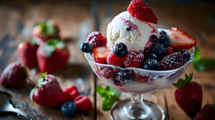 Vanilla Ice Cream with Fresh Berries Delight - Generative AI - Powered by Adobe
