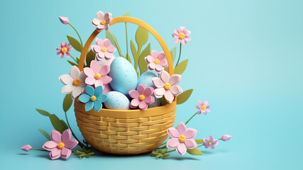 3D Easter basket with colorful eggs, spring flowers on blue background. Greeting card, banner design with copy space.