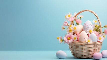 Easter basket with colorful eggs, spring flowers on blue background. Greeting card, banner design with copy space.