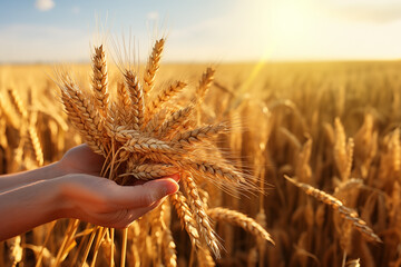 Hands holding a handful of ripe wheat ears in a wheat field close up lit by the rays of setting sun. Harvest of a wheat. - obrazy, fototapety, plakaty