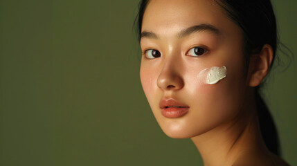 Close-up beauty shot featuring the face of a young brunette woman with a small drop of cream on her skin. Promotional image for a cream emphasizing good skin health. Green background.
