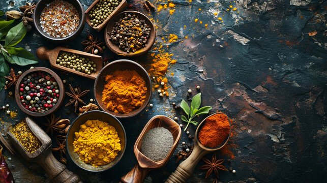 Minimalistic spices background concept image with empty space. 3D image with lighting effects from one direction.