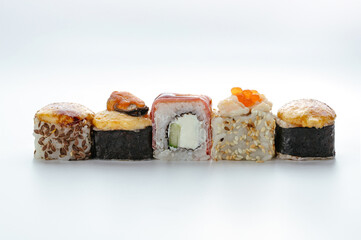 Japanese sushi rolls on a white background. isolate.