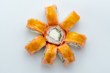 Japanese sushi rolls on a white background. isolate.