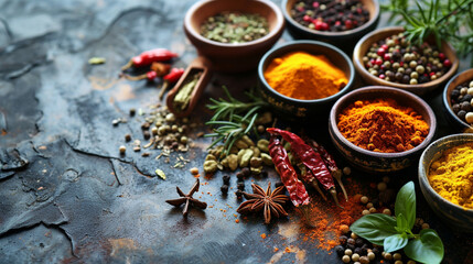 Fototapeta premium Minimalistic spices background concept image with empty space. 3D image with lighting effects from one direction.