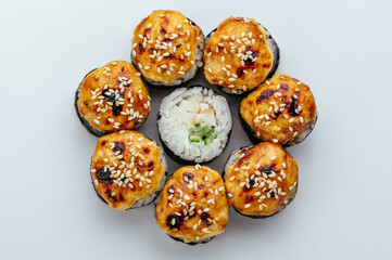 Japanese sushi rolls on a white background. isolate.