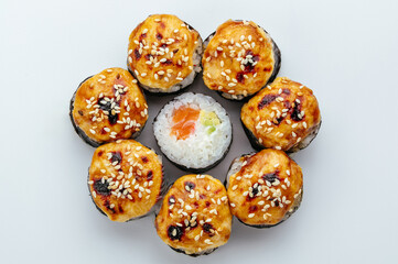 Japanese sushi rolls on a white background. isolate.