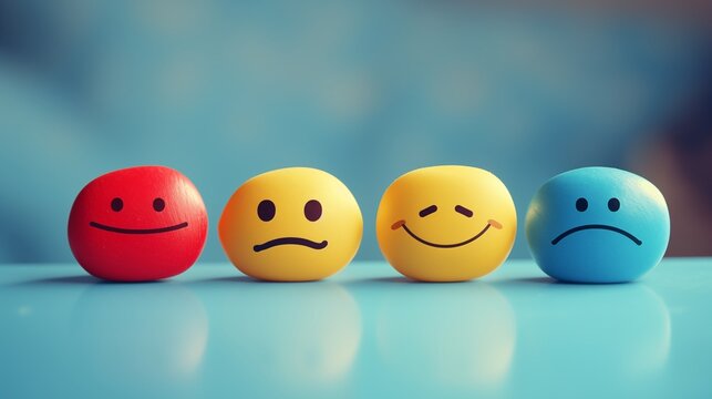 Emoji ball icons set  on Blue Surface happy sad mad love. Customer service satisfaction rating emoticons collection