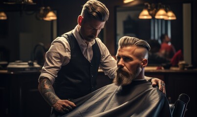 Obraz premium Hipster customer sitting on the chair in barber shop