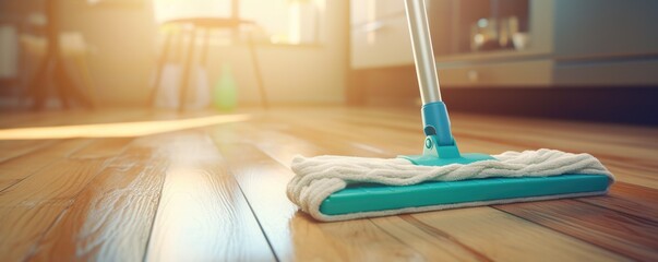 Cleaning wooden floor with mop. Household chores concept. - obrazy, fototapety, plakaty