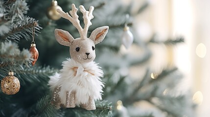 Close up Christmas or New Year white reindeer toy hanging on a decorated fir tree for holiday background - obrazy, fototapety, plakaty