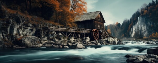 Old historic water mill in beautiful landscape - obrazy, fototapety, plakaty