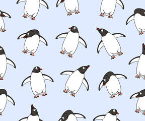 Obraz premium Subantarctic penguin or gentoo penguins, seamless vector background and pattern. Animal, bird, avian, feathered, antarctica and nature, vector design and illustration