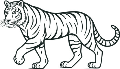 black and white outline illustration of the walking tiger. AI generated illustration.
