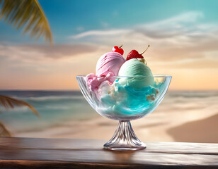 An ice cream sundae in a beautiful glass bowl on a palm beach