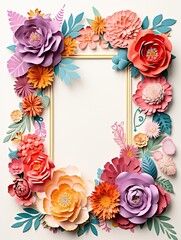 Paper cut flowers with frame on pink background. Paper art style