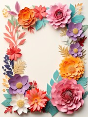 Paper cut flowers with frame on pink background. Paper art style
