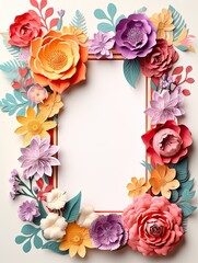Paper cut flowers with frame on pink background. Paper art style