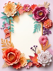 Paper cut flowers with frame on pink background. Paper art style