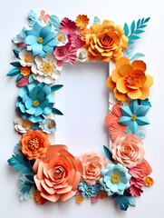 Paper cut flowers with frame on pink background. Paper art style
