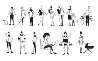 Vector illustration, Outline silhouettes of people, Contour drawing, people silhouette, people sketch, Silhouette of sitting people, Architectural set