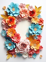 Paper cut flowers with frame on pink background. Paper art style