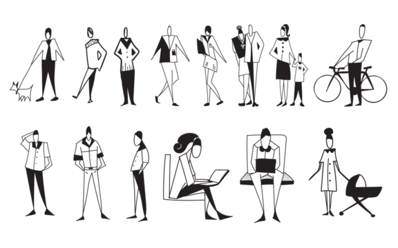 Vector illustration, Outline silhouettes of people, Contour drawing, people silhouette, people sketch, Silhouette of sitting people, Architectural set