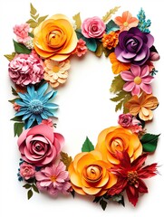 Paper cut flowers with frame on pink background. Paper art style