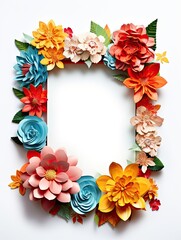 Paper cut flowers with frame on pink background. Paper art style